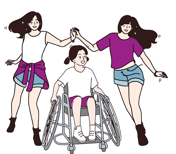 Tres niñas juegan entre sí. Una de ellas va en silla de ruedas.